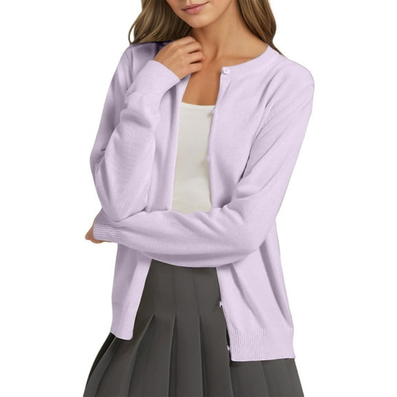Fiaer.Button down Long Sleeve Cardigan for Women.Womens Crew Neck Loose Fit Casual Trendy Going out Solid Color Lightweight Knitted Tops Purple S