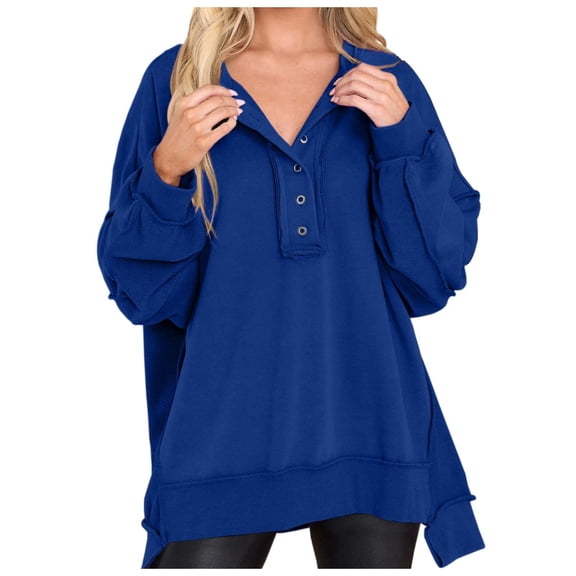 Fiaer,Button up Sweatshirt for Women Plus Size Long Sleeve Loose Henley Neck Pullover Loose Fit Seam Irregular Hem No Hooded Hoodies BU1 XXL