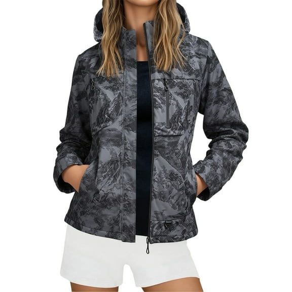 Fiaer Camo Rain Jacket Women Softshell Windbreaker Waterproof Thickened Oversized Casual Hooded Tops for Hiking Climling and Camping Camouflage XL
