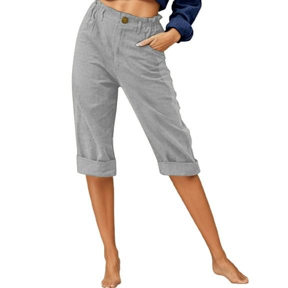 Fiaer,Capri Oversized Cargo Pants for Women with Multiple Pockets,Women's Buttons Hem Roll Pocketed Joggers,Ladies Elastic Waist Running Hiking Trousers GY2 L