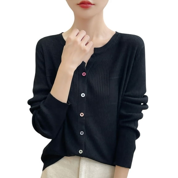 Fiaer Cardigan Sweaters for Women Buttons Down V-Neck Long Sleeve Pockets Lightweight Knit Tops for Daily Black XXL