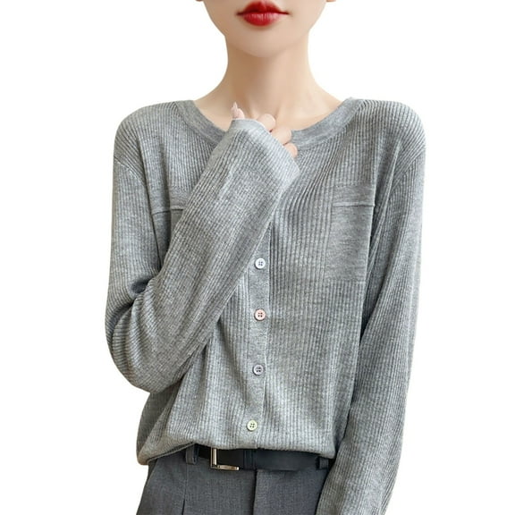 Fiaer Cardigan Sweaters for Women Buttons Down V-Neck Long Sleeve Pockets Lightweight Knit Tops for Daily Grey XXL