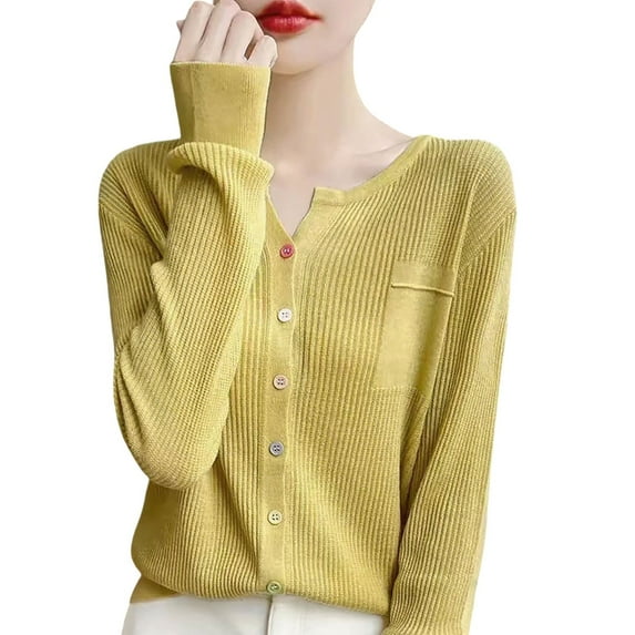Fiaer Cardigan Sweaters for Women Buttons Down V-Neck Long Sleeve Pockets Lightweight Knit Tops for Daily Yellow XL