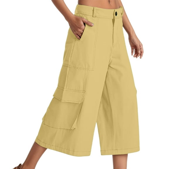 Fiaer,Cargo Capri Pants for Women with Multiple Pockets,Women's Wide Leg Buttons Loose Fit Trousers,Womens Casual Running Hiking Spliced Joggers Yellow XL