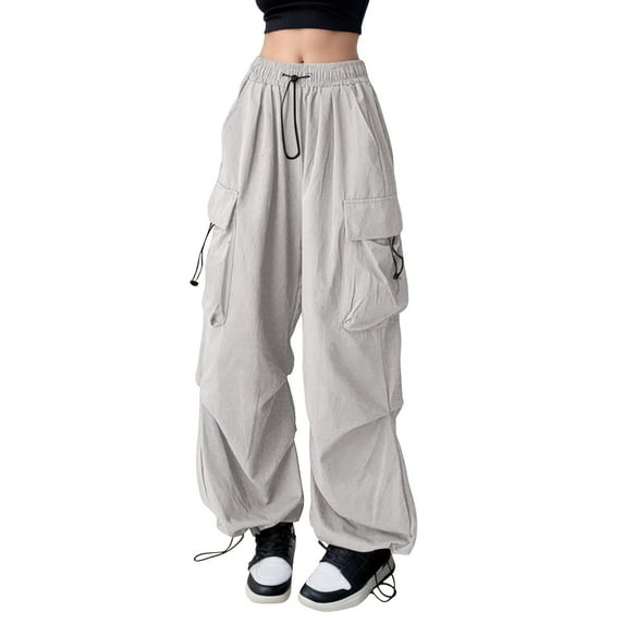 Fiaer Cargo Pants Women Oversized High Waisted Drawstring Parachute Trousers Loose Fit Casual Trendy Solid Color Slacks with Multiple Pockets Grey1 XXXL