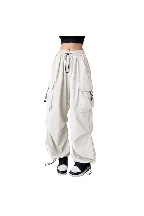 Cargo Pants Women Oversized High Waisted Drawstring Parachute Trousers Loose Fit Casual Trendy Solid Color Slacks with Multiple Pockets White M