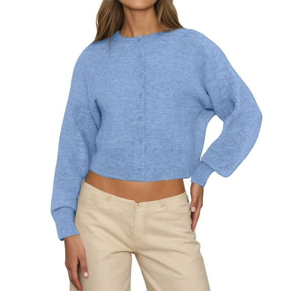 Fiaer Casual Cropped Cardigan Sweaters For Women Trendy Lightweight Solid Color Long Sleeve Button Down Knit Tops BU2 M