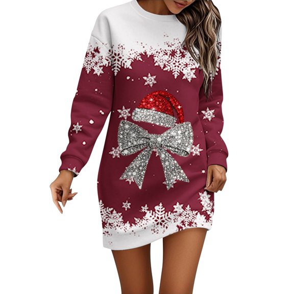 Fiaer Christmas Bow Hat Dresses for Women Mini Bodycon Dress Long Sleeve Crewneck Xmas Party Christmas Fall Winter 2025 Wine S