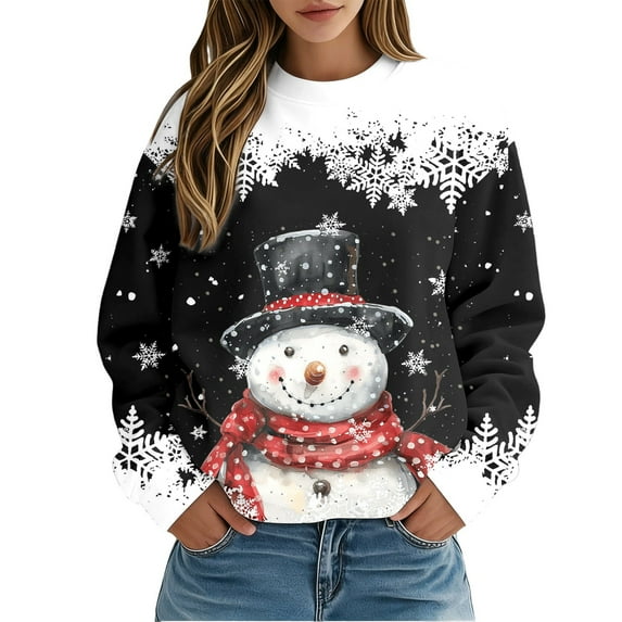 Fiaer Christmas Crew Neck Sweatshirts Women Oversized Snowman Snowflake Graphic Pullover Long Sleeve Loose Fit Xmas Tops Black S