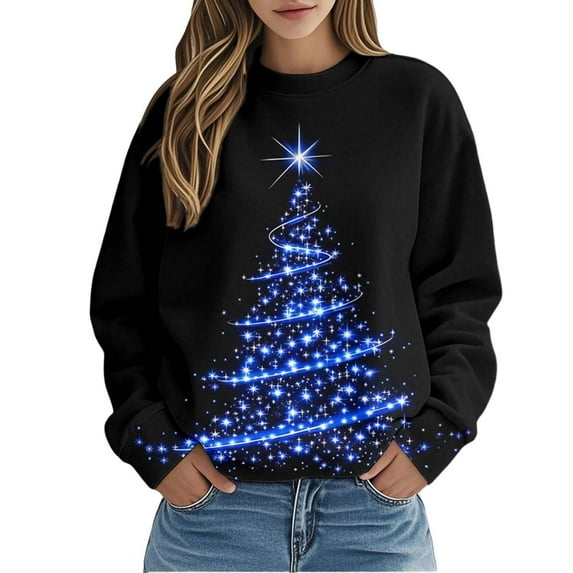 Fiaer Christmas Crew Neck Sweatshirts Women Plus Size Long Sleeve Loose Fit Xmas Pullover Loose Fit Fashion Holiday Tops Blue M