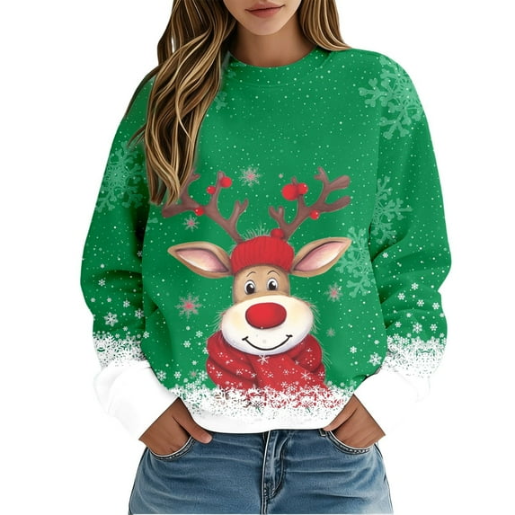 Fiaer Christmas Crewneck Sweatshirts Women Reindeer Snowflake Graphic Pullover Oversized Long Sleeve Loose Fit Xmas Tops Green L