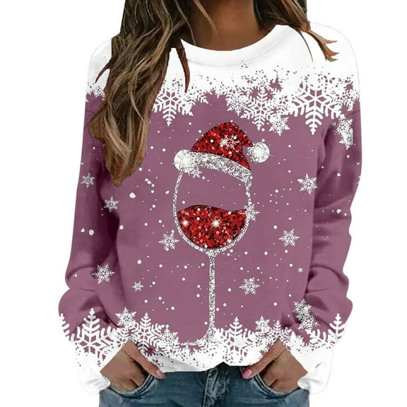 Fiaer Christmas Crewneck Sweatshirts Women Snowflake Glass Oversized Pullover Long Sleeve Baggy Fall Tops Light Purple S