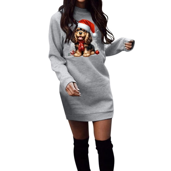 Fiaer Christmas Dog Crew Neck Sweatshirts Women Long Sleeve Loose Fit Long Pullover Comfort Trendy Casual Warm Tops Grey M