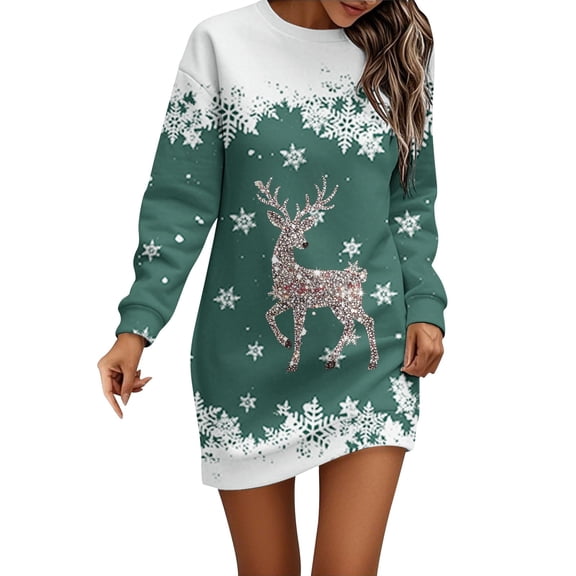 Fiaer Christmas Dresses for Women Mini Bodycon Dress Long Sleeve Crewneck Xmas Party Christmas Elk Printed Fall Winter 2025 Green S
