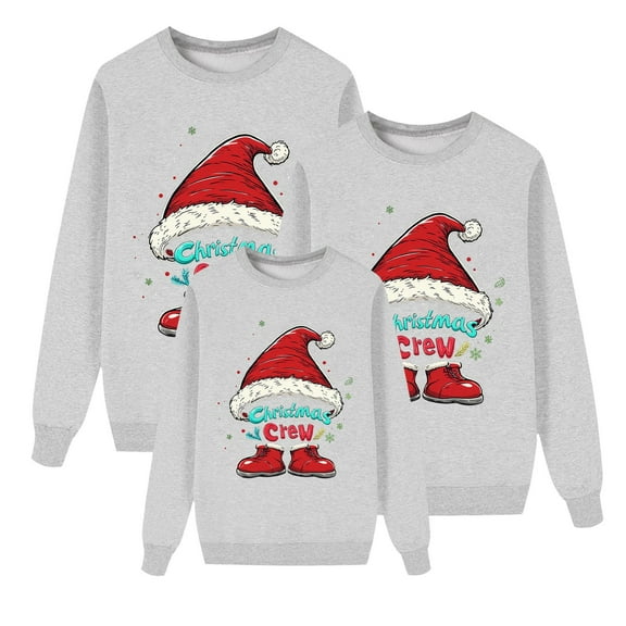 Fiaer Christmas Family Matching Sweatshirt Long Sleeve Letter Santa Hat Print Pullover Trendy Crew Neck Loose Fit Warm Breathable Tops Mom Grey M