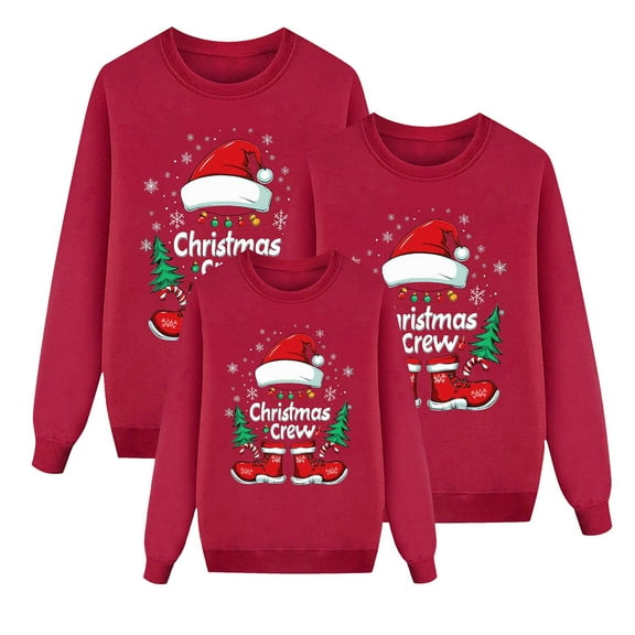 Fiaer Christmas Family Matching Sweatshirt Long Sleeve Letter Santa Hat Print Pullover Trendy Crew Neck Loose Fit Warm Breathable Tops Mom Red3 M