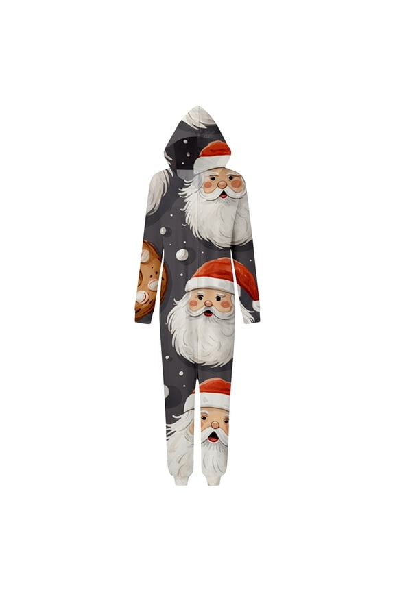 Christmas Family Pajamas Matching Sets Ugly Santa Print Xmas Pjs Set One Piece Full Zip up Hooded Onesie Holiday Sleepwear Loungewear Mom L
