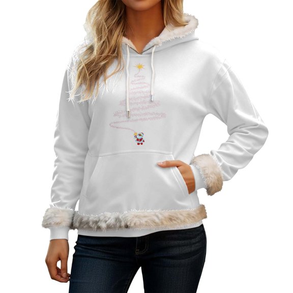 Fiaer Christmas Fleece Lined Hoodie Women Oversized Thermal Warm Long Sleeve Hooded Sweatshirts Thickened Comfort Loose Fit Pocket Tops White XXL