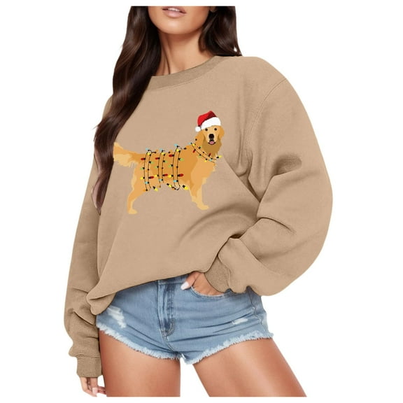 Fiaer Christmas Golden Retriever Sweatshirt Sweatshirt for Women Crew Neck Loose Fit Pullover Plus Size Long Sleeve Cute Graphic Tops Khaki M