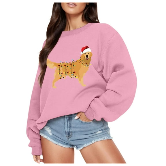 Fiaer Christmas Golden Retriever Sweatshirt Sweatshirt for Women Crew Neck Loose Fit Pullover Plus Size Long Sleeve Cute Graphic Tops Pink M