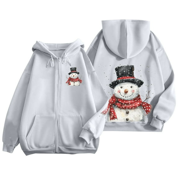 Fiaer Christmas Hoodie for Women Oversized Full Zip up Snowman Graphic Xmas Hooded Jackets Drawstring Sweatshirts Long Sleeve Relax Fit Pocket Tops Grey XXXL