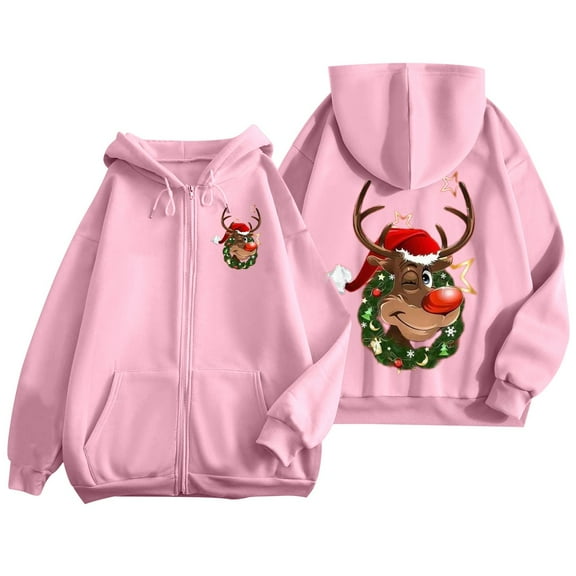 Fiaer Christmas Hoodie for Women Oversized Reindeer Graphic Xmas Hooded Jackets Full Zip up Drawstring Sweatshirts Long Sleeve Loose Fit Trendy Pocket Tops Pink S