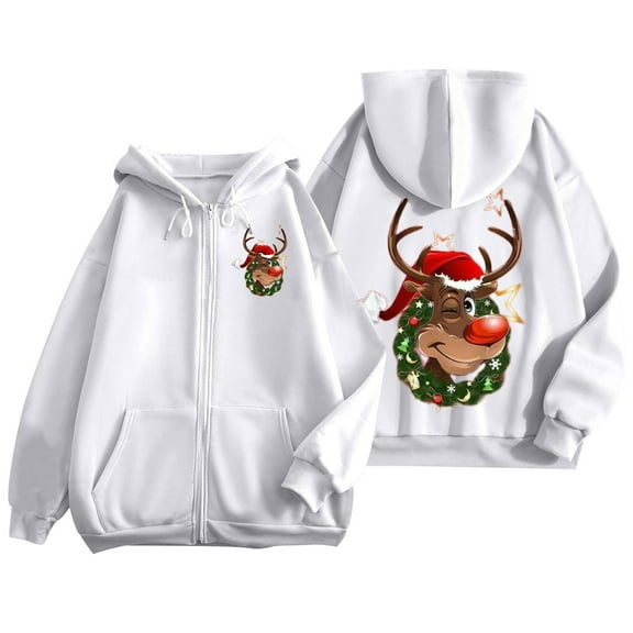Fiaer Christmas Hoodie for Women Oversized Reindeer Graphic Xmas Hooded Jackets Full Zip up Drawstring Sweatshirts Long Sleeve Loose Fit Trendy Pocket Tops White L