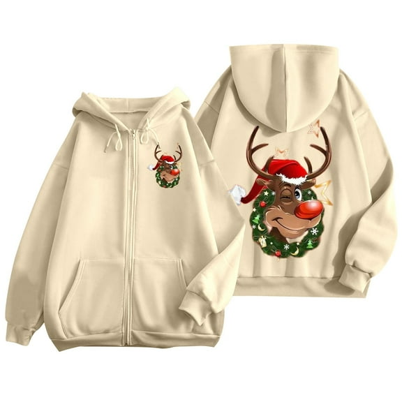 Fiaer Christmas Hoodie for Women Oversized Reindeer Graphic Xmas Hooded Jackets Full Zip up Drawstring Sweatshirts Long Sleeve Loose Fit Trendy Pocket Tops Beige M