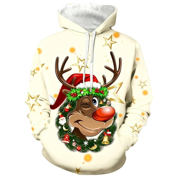 Fiaer Christmas Hoodies for Men Oversized Loose Fit Hooded Sweatshirts Funny Reindeer Printed Long Sleeve Xmas Tops with Pocket White M