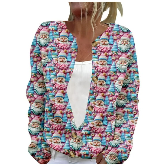 Fiaer Christmas Jackets for Women Button down Funny Graphic Oversized Trendy Long Sleeve Loose Fit Crew Neck Xmas Tops Sky Blue M