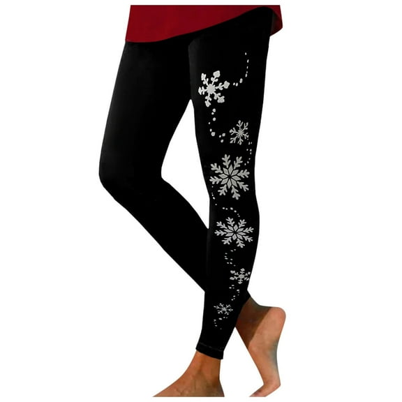 Fiaer Christmas Leggings for Women Plus Size Snowflake Printed Yoga Pants High Waisted Stretch Slim Fit Tummy Control Lifting Workout Trousers Black XXL