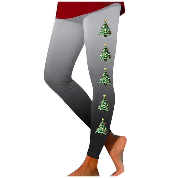 Fiaer Christmas Leggings for Women Plus Size Stretch Xmas Tree Printed Yoga Pants High Waisted Trendy Comfort Slim Fit Workout Trousers Grey XL