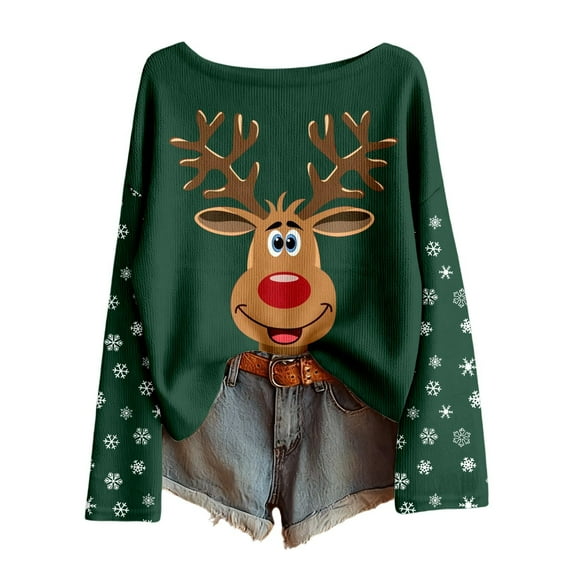 Fiaer Christmas Long Sleeve Shirts for Women Oversized Reindeer Snowflake Knit Tops Crew Neck Loose Fit Funny Graphic Fashion T Shirts Dark Green XXXL