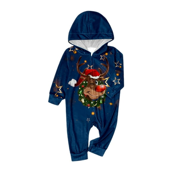 Fiaer Christmas Matching Family Onesie Pajamas Full Zip up Long Sleeve Deer Graphic One Piece Sleepwear Comfort Trendy Hooded Jumpsuit Sleepwear Loungewear Baby 9M