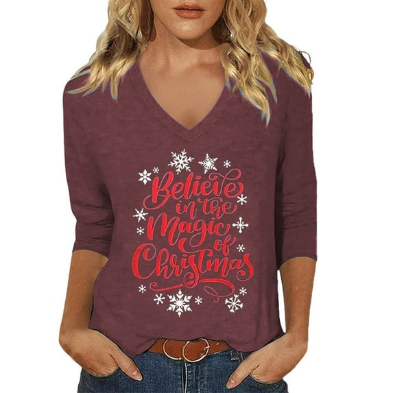 Fiaer Christmas Merry T Shirts for Women V Neck 3/4 Sleeve Holiday Graphic Tee Fall Loose Fit Plus Size Fashion Casual Tops Dark Purple2 XL