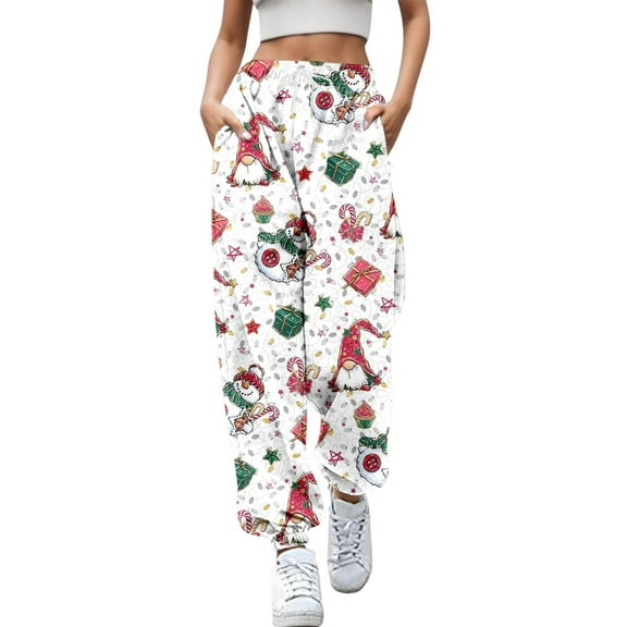 Fiaer Christmas Plus Size Sweatpants Women Funny Graphic High Waisted Xmas Pants Santa Snowman Printed Lace up Comfort Holiday Trousers with Pockets White XXL
