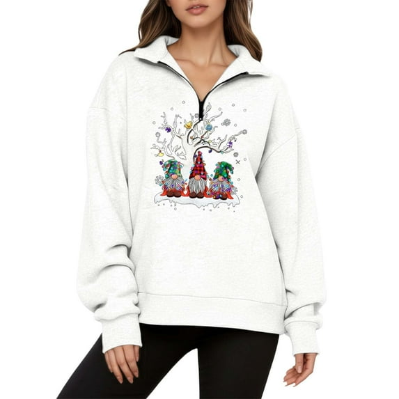 Fiaer Christmas Quarter Zip Pullover Sweatshirts Women Oversized Long Sleeve Baggy Fashion Casual Lapel Collared Xmas Tops White XL