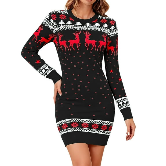 Fiaer Christmas Sweater Dress for Women Funny Graphic Crew Neck Plus Size Trendy Long Sleeve Casual Knitted Clothing Black XL