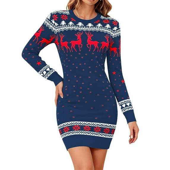 Fiaer Christmas Sweater Dress for Women Funny Graphic Crew Neck Plus Size Trendy Long Sleeve Casual Knitted Clothing Blue XL
