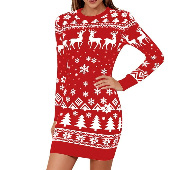 Fiaer Christmas Sweater Dress for Women Plus Size Trendy Xmas Knitted Slim Fit Cute Funny Graphic Long Sleeve Xmas Tops Red S