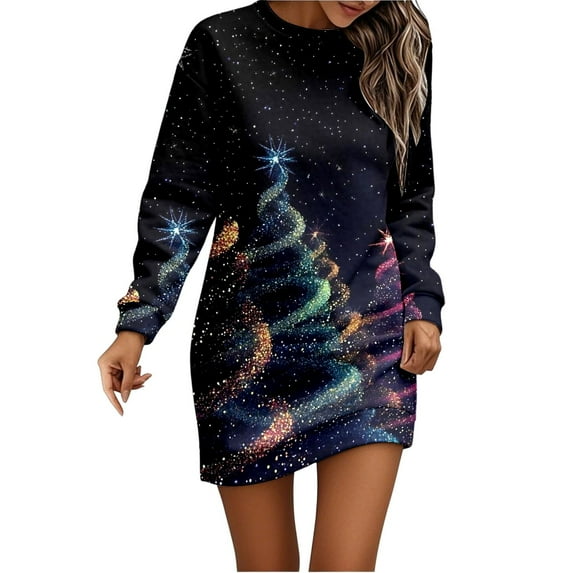 Fiaer Christmas Sweater Dresses for Women Winter Hip Pack Xmas Printed Dress Long Sleeve Round Neck Cozy Dresses 02-Black XL