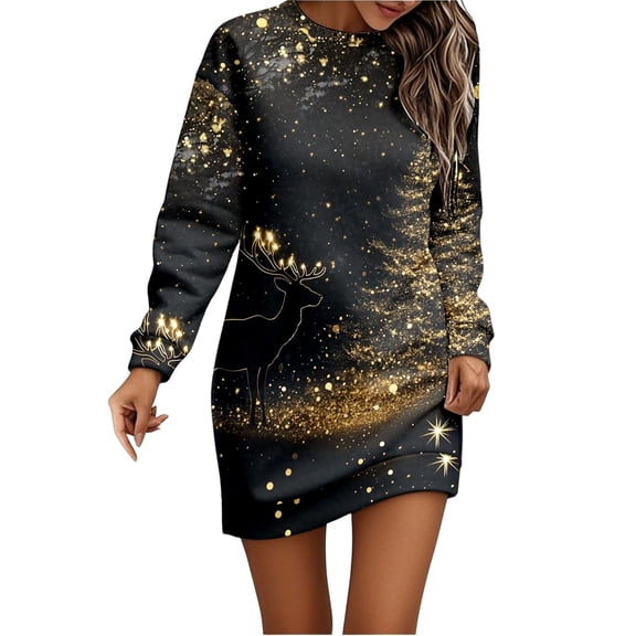 Fiaer Christmas Sweater Dresses for Women Winter Hip Pack Xmas Printed Dress Long Sleeve Round Neck Cozy Dresses 06-Dark Gray S
