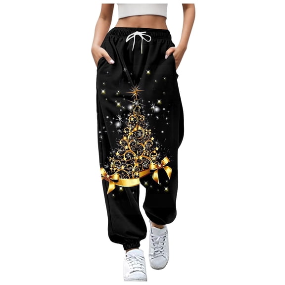 Fiaer Christmas Sweatpants Women Santa Snowflake Funny Graphic Plus Size Pants High Waisted Baggy Casual Trousers with Pockets Black XXL