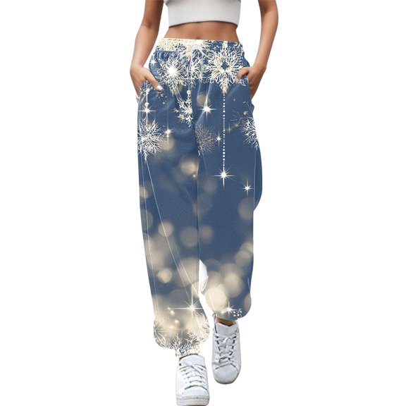 Fiaer Christmas Sweatpants Women Shine Snowflake Printed Trendy Holiday Pants Plus Size Casual Comfy Xmas Trousers with Pocket Navy L
