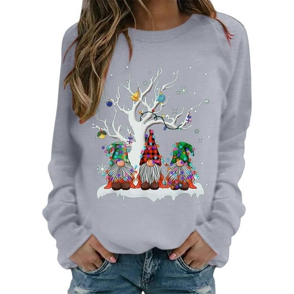 Fiaer Christmas Sweatshirt for Women 2025 Funny Plus Size Print Sweatshirts Crewneck Long Sleeve Xmas Holiday Tops Grey M