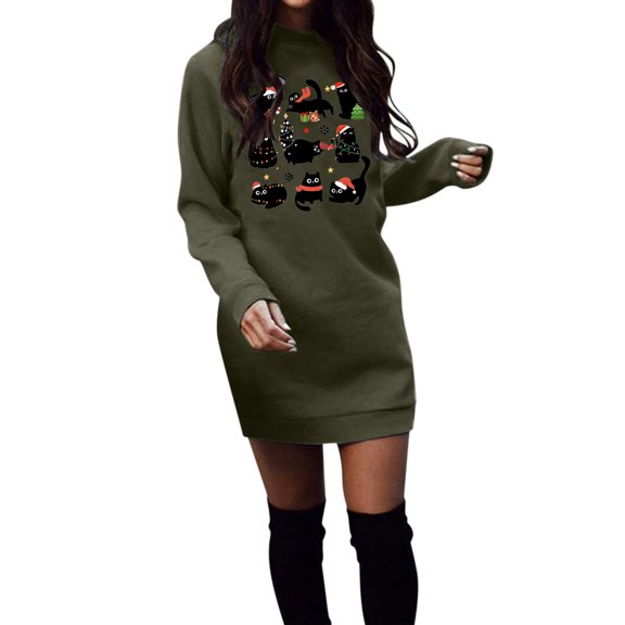 Fiaer Christmas Sweatshirts Dress for Women Cat Graphic Long Sleeve Crew Neck Loose Fit Long Pullover Comfort Trendy Warm Tops Dark Green L