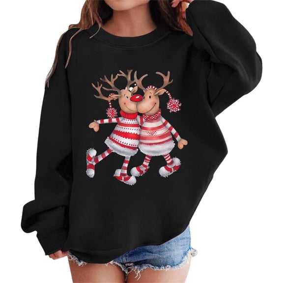 Fiaer Christmas Sweatshirts Women Reindeer Funny Graphic Pullover Plus Size Long Sleeve No Hooded Hoodies Crew Neck Loose Fit Trendy Tops Black 110