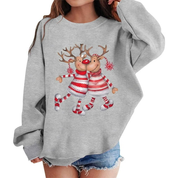 Fiaer Christmas Sweatshirts Women Reindeer Funny Graphic Pullover Plus Size Long Sleeve No Hooded Hoodies Crew Neck Loose Fit Trendy Tops Grey 130