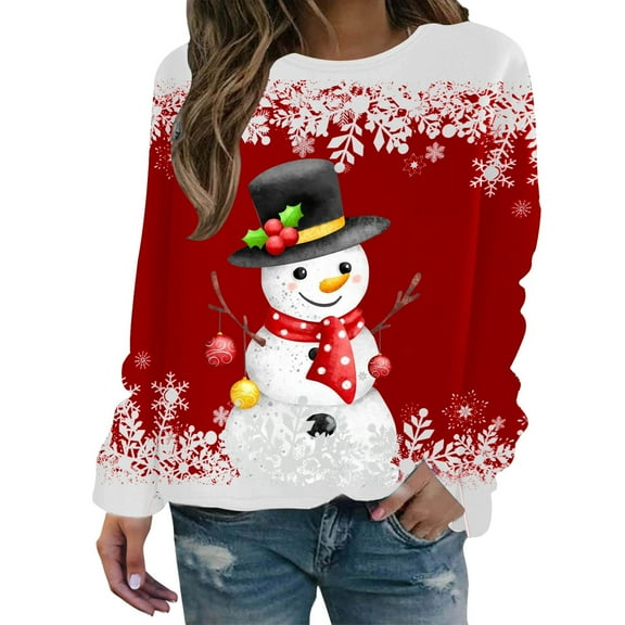 Fiaer Christmas Sweatshirts Women Snowman Snowflake Graphic Long Sleeve Pullovers Plus Size Crew Neck Loose Fit Trendy Tops Red2 L