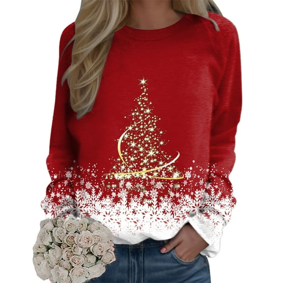 Fiaer Christmas Sweatshirts Women Xmas Tree Snowflake Graphic Long Sleeve Pullovers Oversized Crew Neck Holiday Merry Tops Red XXXL